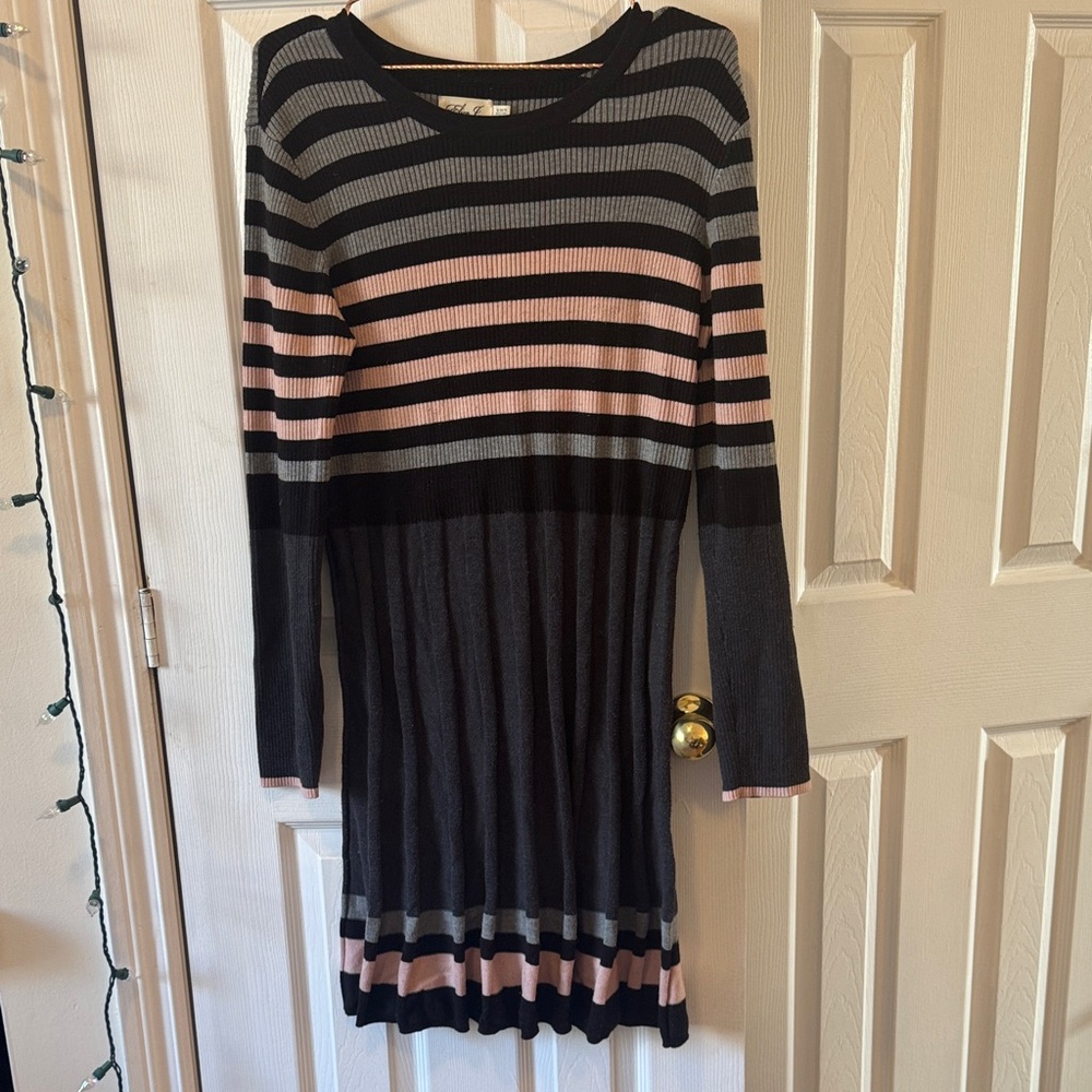 Eliza J Black and Gray Striped Sweater Dress